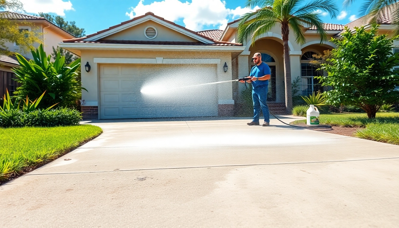 Driveway pressure wash service revitalizing a concrete driveway in Kissimmee, showcasing professional cleaning techniques.