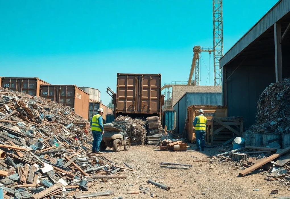 Schrotthandel Wuppertal, der einen aktiven Schrottplatz zeigt, an dem Arbeiter Metall sortieren.