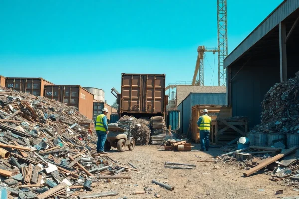 Schrotthandel Wuppertal, der einen aktiven Schrottplatz zeigt, an dem Arbeiter Metall sortieren.
