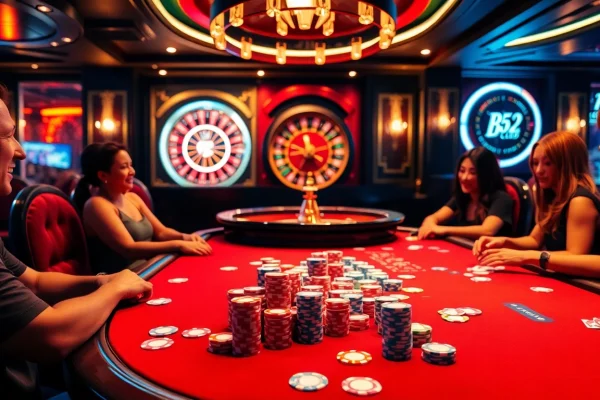 A lively poker game at B52club with colorful chips, creating excitement for gamblers.