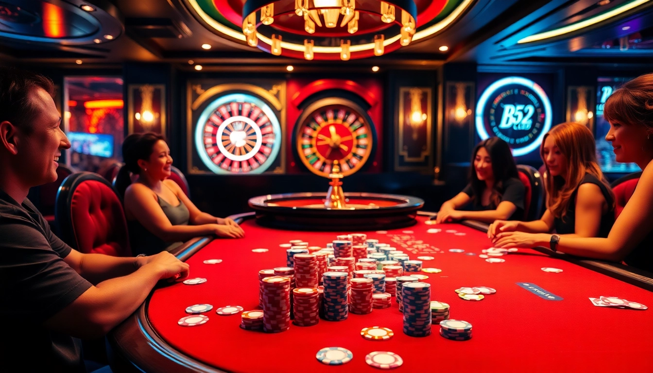 A lively poker game at B52club with colorful chips, creating excitement for gamblers.
