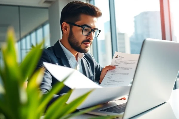 Headhunter Schweiz analysiert Lebensläufe in einem modernen Büro mit großem Stadtblick.