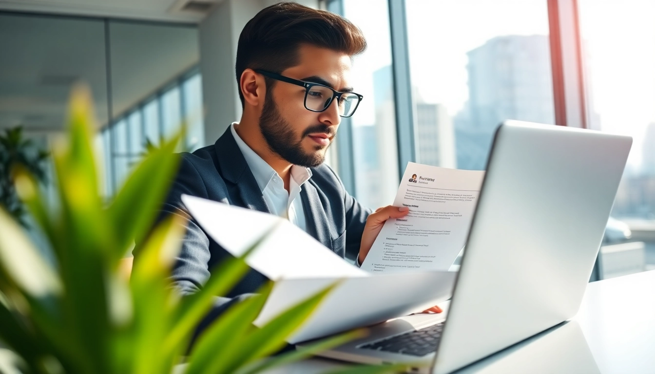 Headhunter Schweiz analysiert Lebensläufe in einem modernen Büro mit großem Stadtblick.