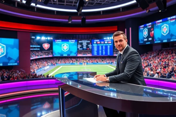 Sports Broadcasting studio showcasing a dynamic sports anchor amid live game visuals.