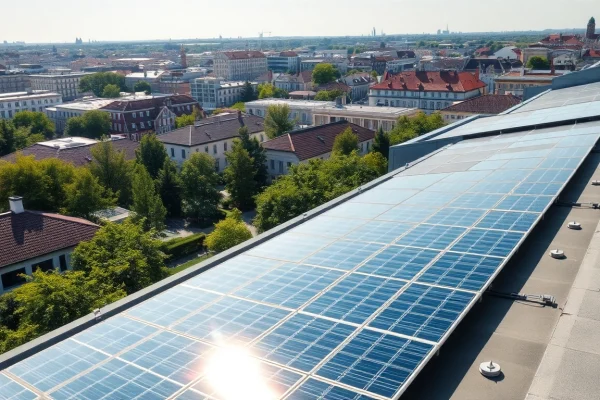 Photovoltaikanlage Kaufen Wien in einer modernen Stadtlandschaft mit Solarpanels auf Dächern.