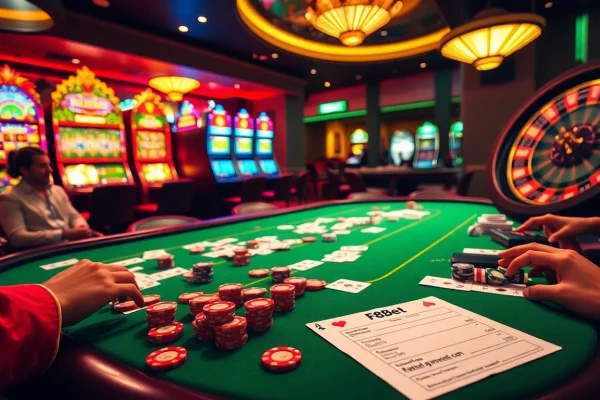 Experience the excitement of gambling at https://f8bet.ventures/, featuring a vibrant poker table in a luxurious casino.