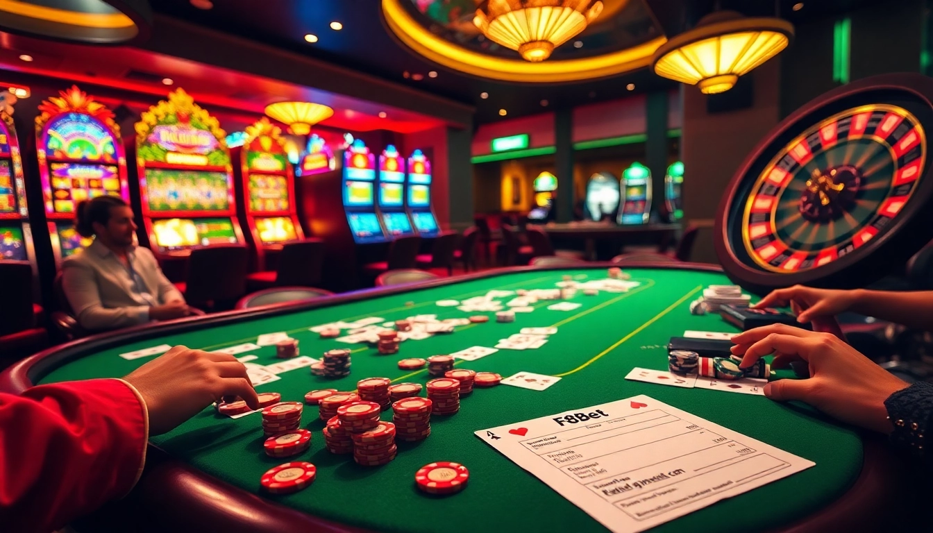 Experience the excitement of gambling at https://f8bet.ventures/, featuring a vibrant poker table in a luxurious casino.