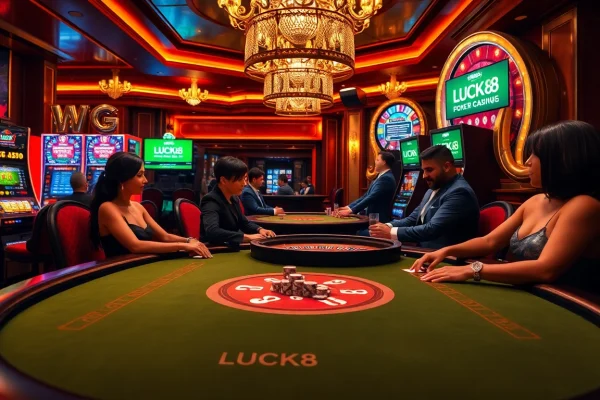 Người chơi chiến thắng tại bàn poker LUCK8 trong một khu casino sang trọng.