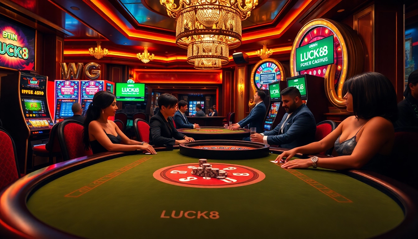 Người chơi chiến thắng tại bàn poker LUCK8 trong một khu casino sang trọng.