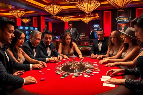Players enjoying high-stakes poker at 789club, surrounded by vibrant casino elements.