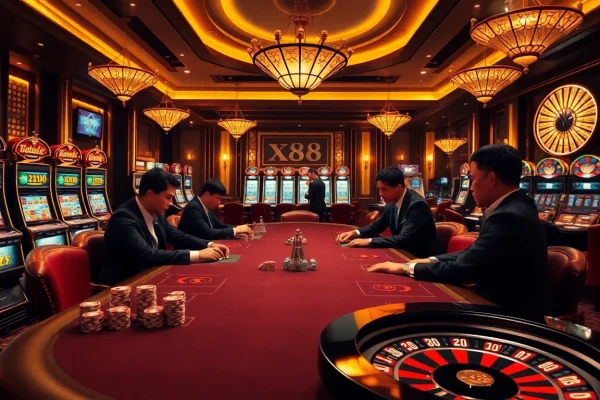 Engaging gamblers at Trang chủ X88 with a stylish casino and poker table scene.