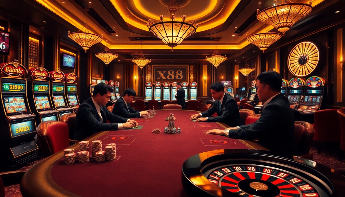 Engaging gamblers at Trang chủ X88 with a stylish casino and poker table scene.