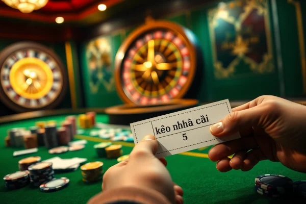 Experience the excitement of kèo nhà cái 5 at a luxury casino table with colorful chips and a spinning roulette.