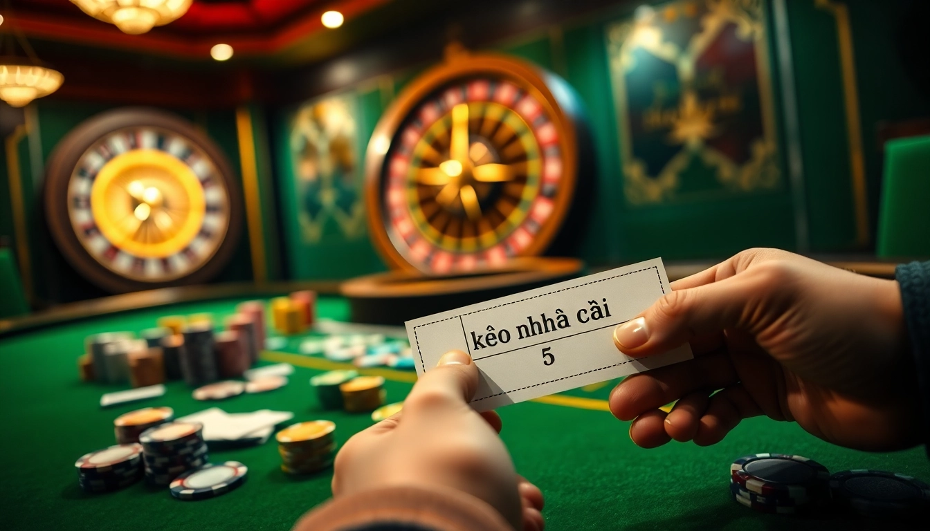 Experience the excitement of kèo nhà cái 5 at a luxury casino table with colorful chips and a spinning roulette.