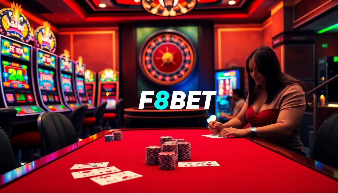 Experience excitement at F8BET's luxurious casino with poker tables, slot machines, and roulette.