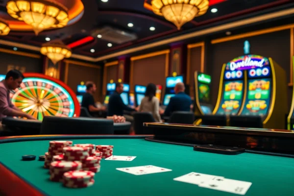 Engaging casino scene at https://gk88.city/ with vibrant gaming tables, roulette wheel, and focused players.