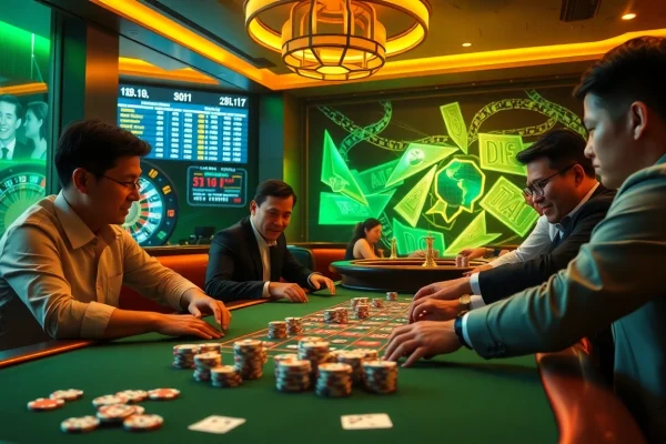 Players enjoying a thrilling experience at 88i nhà cái's vibrant casino tables, showcasing excitement and strategy.