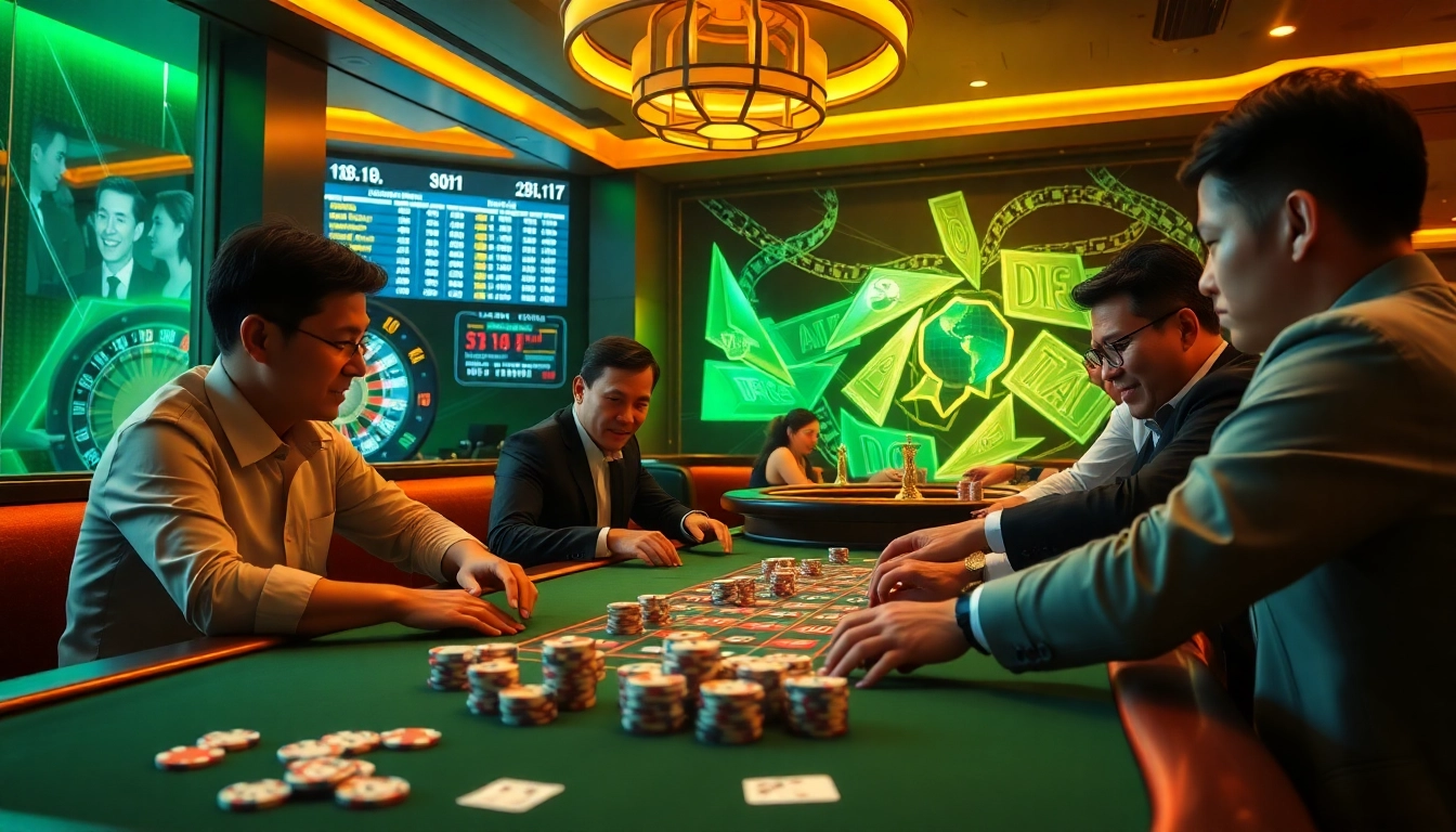 Players enjoying a thrilling experience at 88i nhà cái's vibrant casino tables, showcasing excitement and strategy.