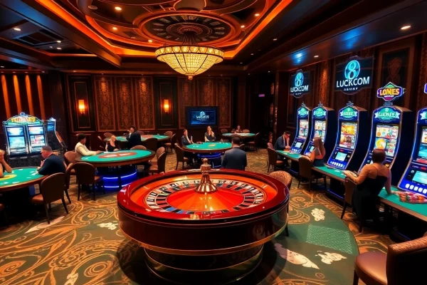 Players enjoying a thrilling session at LUCK8.COM's upscale casino tables, surrounded by vibrant slot machines.