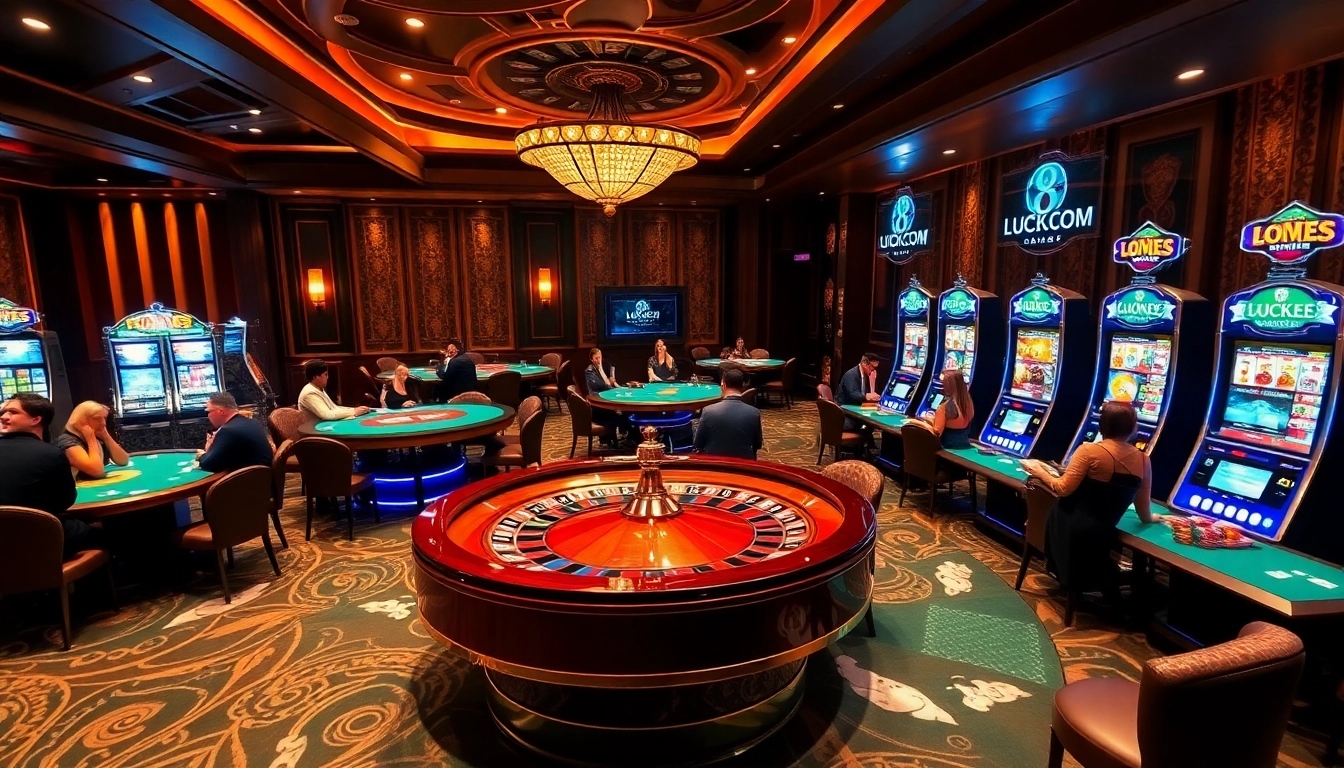 Players enjoying a thrilling session at LUCK8.COM's upscale casino tables, surrounded by vibrant slot machines.