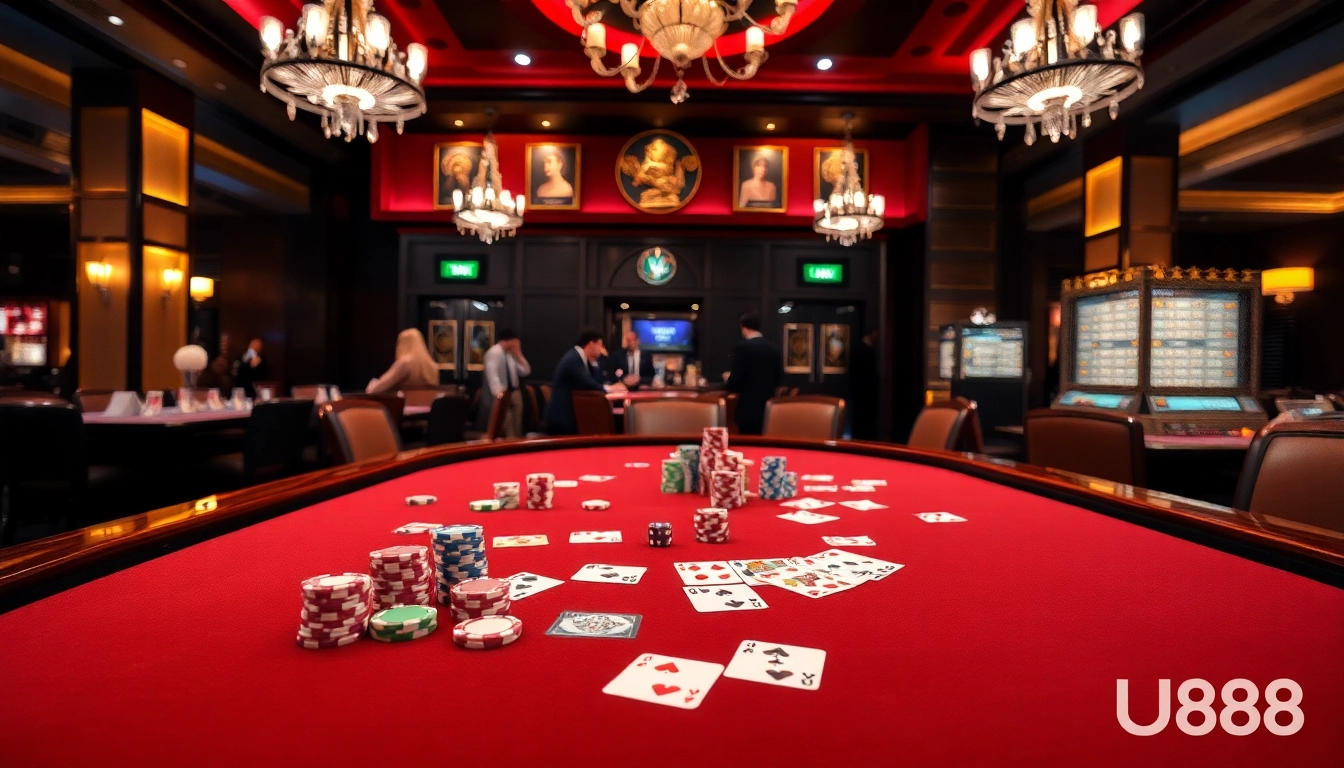 U888 casino poker table featuring colorful chips and cards in an elegant setting.