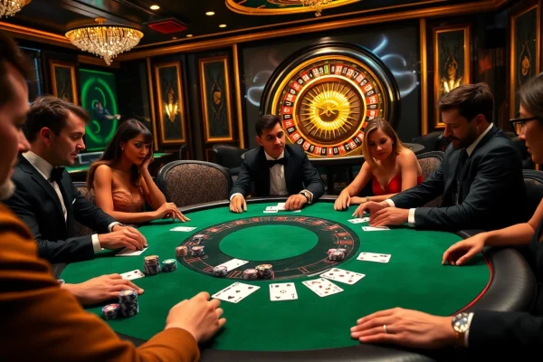 Exciting poker game at a luxury casino with players analyzing their cards at https://xx88.eu.com/.
