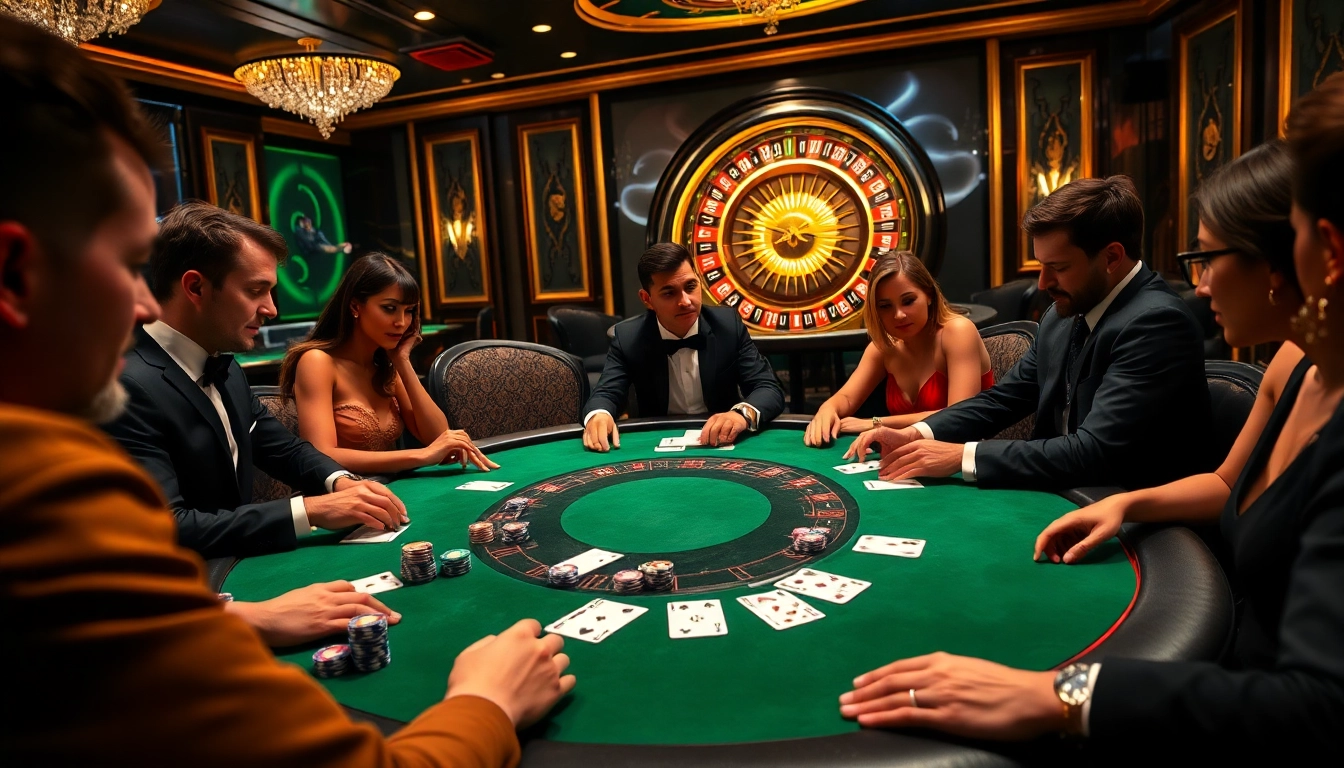 Exciting poker game at a luxury casino with players analyzing their cards at https://xx88.eu.com/.