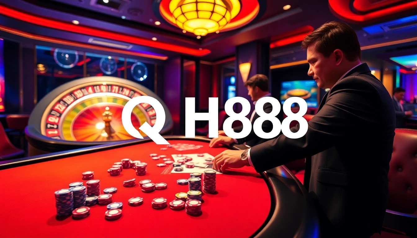 Experience thrilling gameplay at QH88 casino with professional dealers and vibrant gaming atmosphere.