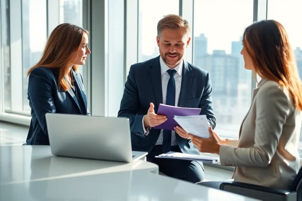 Interaktion zwischen Headhunter Schweiz und Klient in modernem Büro, betont Fachwissen.