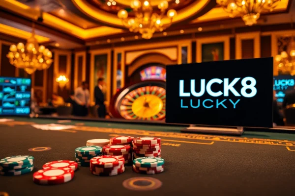 Khung cảnh chơi game đầy phấn khích tại casino LUCK8 với vòng roulette sinh động và các trận poker hấp dẫn.