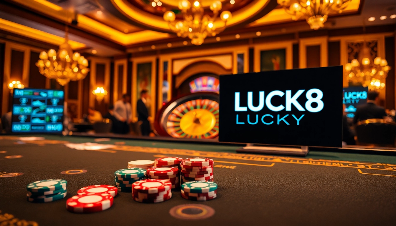 Khung cảnh chơi game đầy phấn khích tại casino LUCK8 với vòng roulette sinh động và các trận poker hấp dẫn.