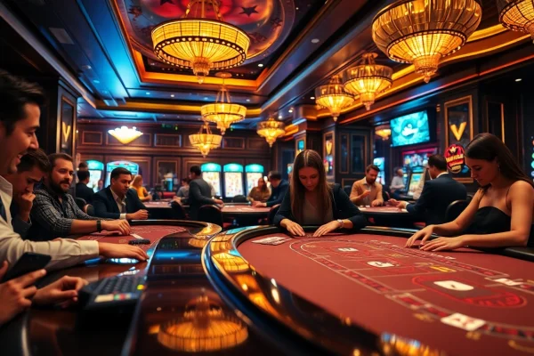 Játékosok élvezik az online kaszinó izgalmát pókeren és blackjacken.