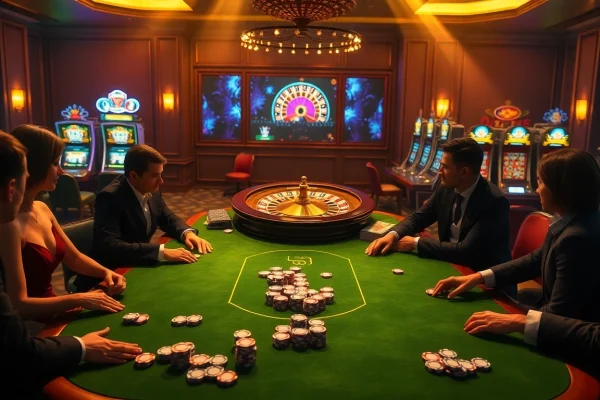 Hoạt động poker đầy kịch tính tại bàn casino sang trọng, hình ảnh đại diện cho sự phấn khích từ https://luck8.com.