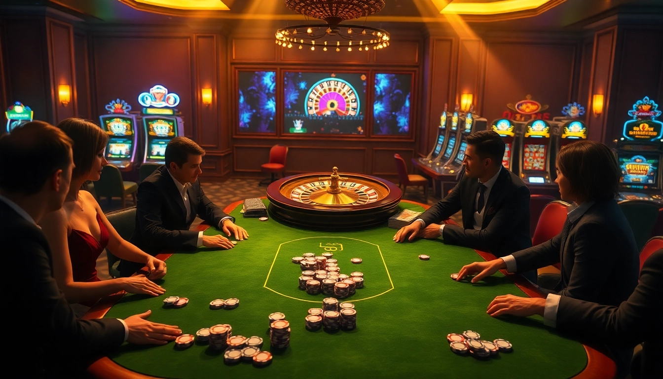 Hoạt động poker đầy kịch tính tại bàn casino sang trọng, hình ảnh đại diện cho sự phấn khích từ https://luck8.com.