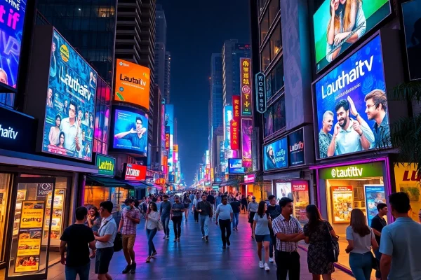 Engaging urban nightlife scene highlighting Lauthaitv on vibrant digital displays.