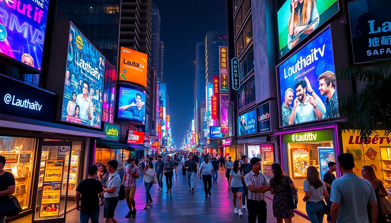 Engaging urban nightlife scene highlighting Lauthaitv on vibrant digital displays.