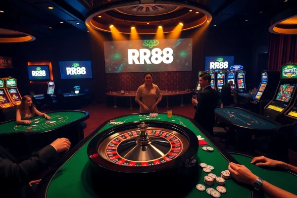 Experience the thrill of gambling at RR88 with vibrant casino tables and excited players.