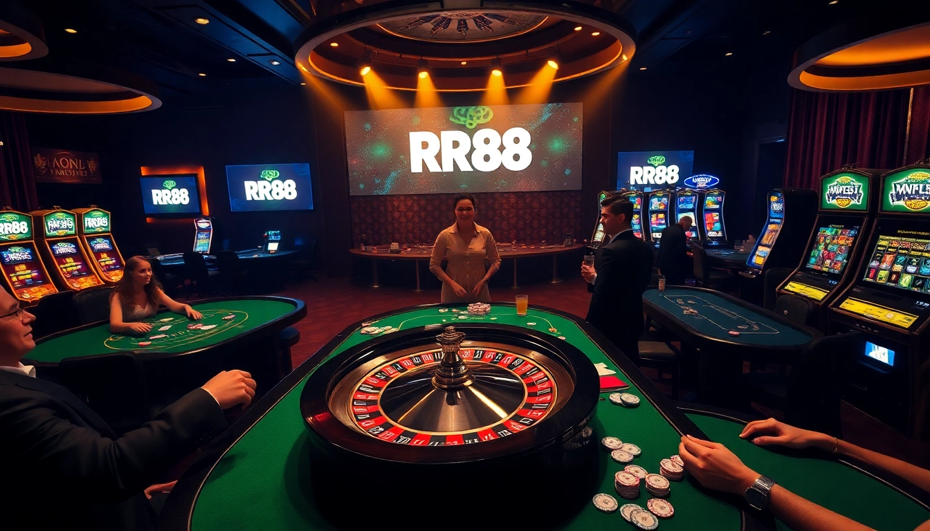 Experience the thrill of gambling at RR88 with vibrant casino tables and excited players.