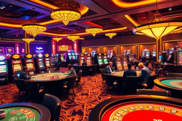Experience the excitement of tai ok8386 with vibrant casino gaming tables and players in action.