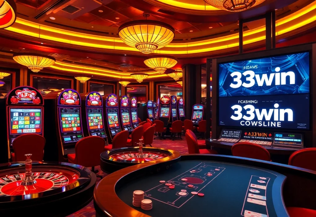 A dynamic casino scene with vibrant slot machines, a roulette wheel, and the 33win logo to evoke excitement and luxury.