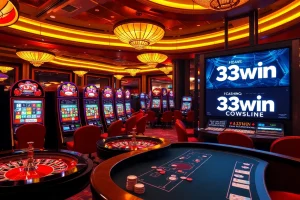 A dynamic casino scene with vibrant slot machines, a roulette wheel, and the 33win logo to evoke excitement and luxury.