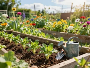 Gardener planting sommerporree seedlings in a colorful summer garden.