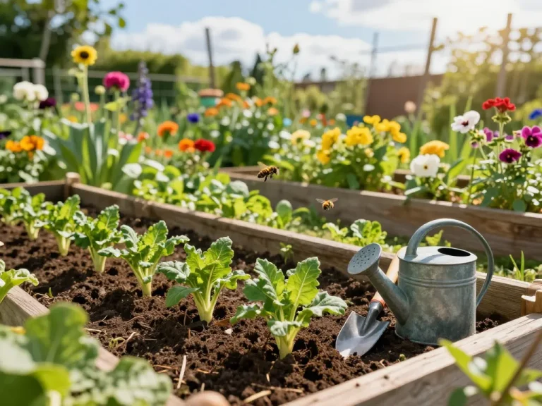 Gardener planting sommerporree seedlings in a colorful summer garden.