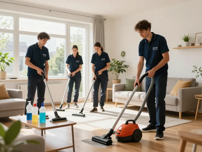 Professionelles Reinigungsteam in Münster organisiert und reinigt ein helles Wohnzimmer.