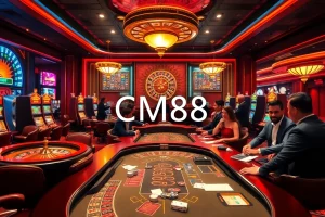 Experience the thrill of CM88 at a luxury casino with roulette, slots, and enthusiastic players.