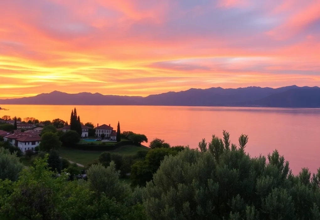 Erleben Sie Gardasee-Reisetipps bei einem atemberaubenden Sonnenuntergang über dem Gardasee, mit lebhaften Himmelstönen und üppigem Grün.