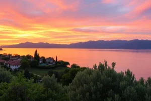 Erleben Sie Gardasee-Reisetipps bei einem atemberaubenden Sonnenuntergang über dem Gardasee, mit lebhaften Himmelstönen und üppigem Grün.
