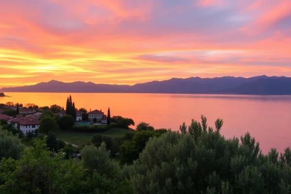 Erleben Sie Gardasee-Reisetipps bei einem atemberaubenden Sonnenuntergang über dem Gardasee, mit lebhaften Himmelstönen und üppigem Grün.