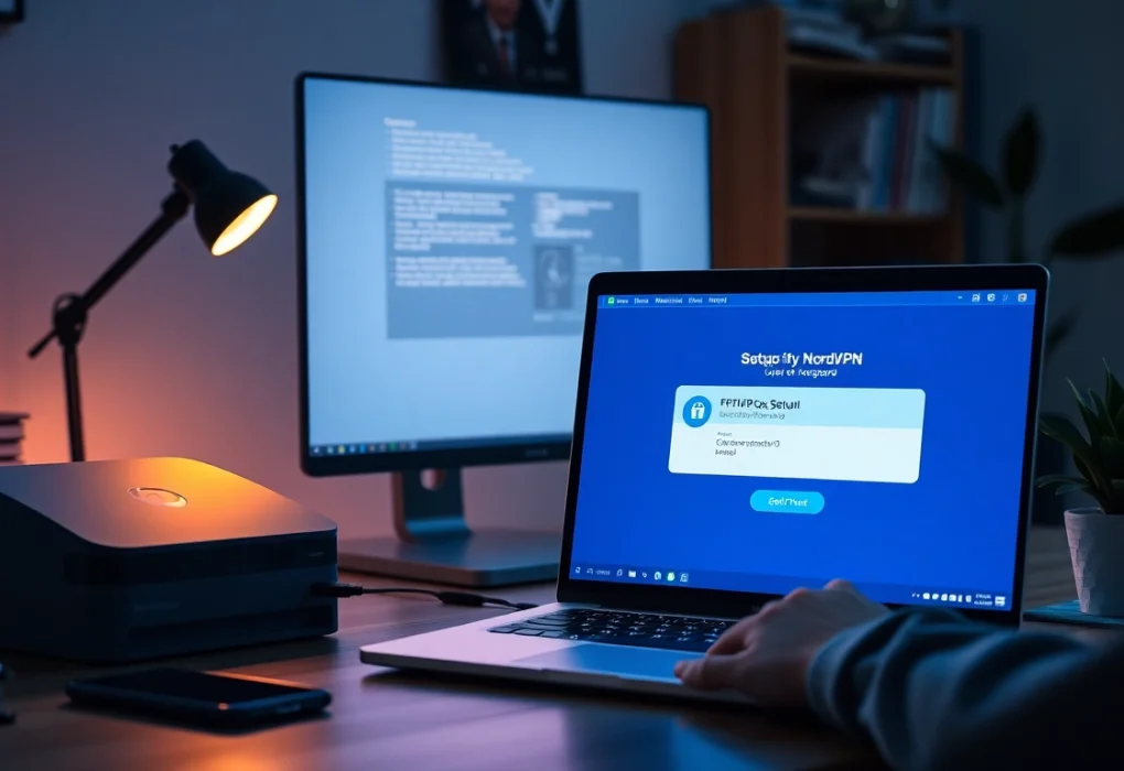 NordVPN setup on FRITZ!Box in a modern home office environment.
