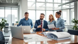 Headhunter Ingenieure im Gespräch mit Ingenieuren in modernem Büro.